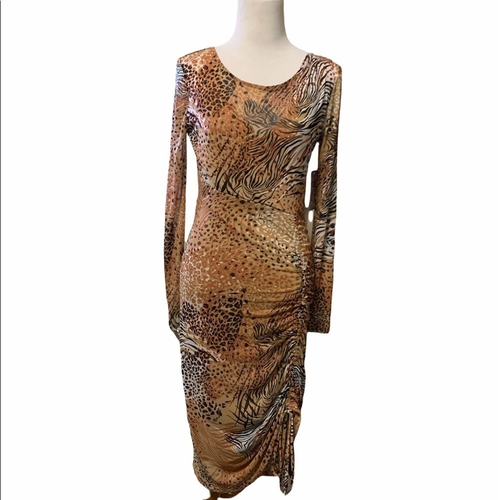 BOLD Elements stretchy fully lined cheetah mesh long sleeve dress, new, small
